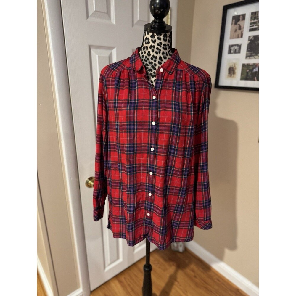 J. Jill Womens Button Up Red Green Blue Plaid Long Sleeve L Holiday Soft